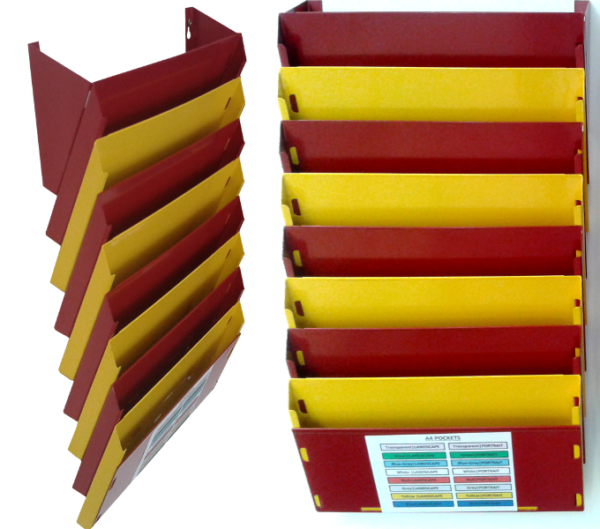 Mixed colour A5 Cascading Rack, front and side profile