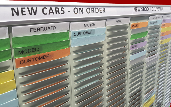 Vehicle Sales Control T-Card Board, example printed headers