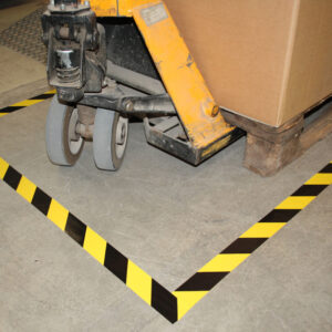 Warehouse Marking Tape, Black & Yellow In Use